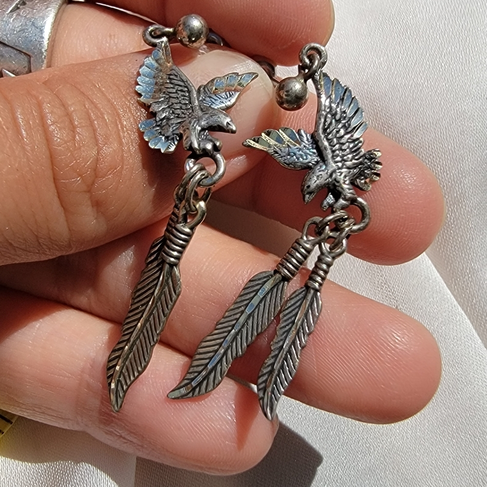 Sterling Eagle Feather Dangle Earrings - image 1